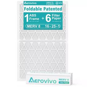Aerovivo 760762043461 16x25x1 Air Filter Merv 8 6 Pack Refills With 1 Foldable Abs Frame Reusable