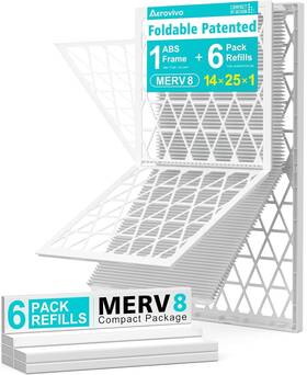 Aerovivo 760762043508 Reusable 14x25x1 Air Filter - Merv 8 1 Foldable Frame 6 Refills Ac Hvac