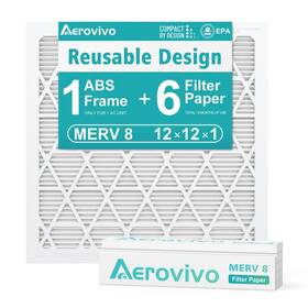 Aerovivo 760762043591 12x12x1 Air Filter Merv 8 6 Pack Refills With 1 Abs Frame Reusable A