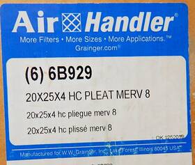 Air Handler 6b929 Six 20x25x4 Merv 8 Pleated Ac Furnace Filters Actual Size 19.5 X 24.5 3.75