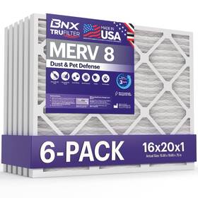 Bn-m8s-16x20x1-6pp Bnx Trufilter 16x20x1 Air Filter Merv 8 6-pack - Made In Usa Dust And Pet Defense