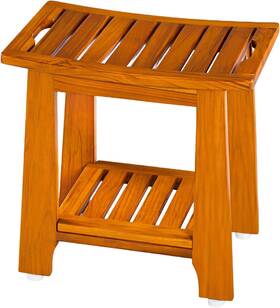 Dz-14-2 Branded 14 Inch Compact Teak Shower Stool With Shelf And Handle - Waterproof Non-slip Bath