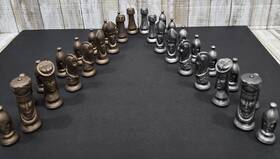 9kk32-23 Chilean Duncan Design Chess Pieces Gold / Silver Ceramic 32 Pc Full Set