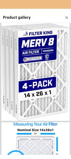 Fk14x26x1a-m8-4 Filter King 14x26x1 Air 4-pack Merv 8 Actual Size 14 X 26 .75 Inch