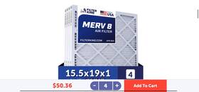 Fk15.5x19x1a-m8-4 Filter King 15.5x19x1 Air 4-pack Merv 8 Actual Size 15.5 X 19 .75 Inch