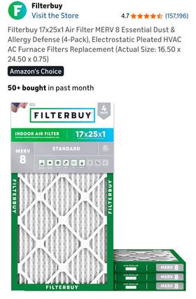 Afb17x25x1m8 Filterbuy 17x25x1 Air Filter Merv 8 Actual Size 16.50 X 24.50 0.75 Qty 3