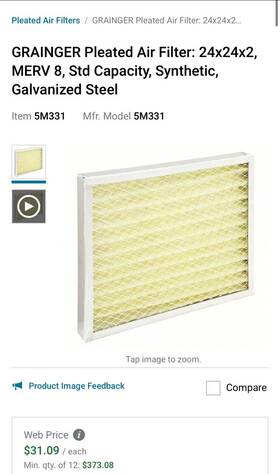 5m331 Grainger Pleated Air Filter 24x24x2 Merv 8 Pk 12