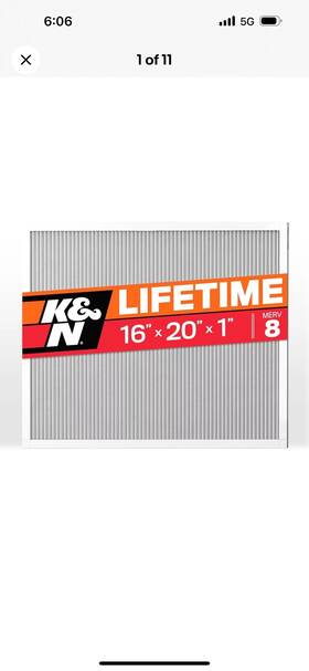 Hvc-8-11620 K&n Filter 16x20x1 Furnace Air Wash Merv 8
