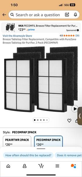 Purezone 810701039472 Nispira 2-in-1 Hepa Carbon Filter For Breeze Pecompap Air Purifier 2 Pk