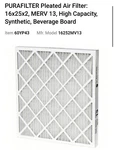 Purafilter 16X25X2 Air Filters Merv 13 Rated High Capacity Pack. Fixed Price $49.94.