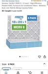 Aerostar 18X20X1 Merv - 6 Count. Fixed Price $17.39.