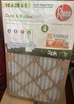 Rheem Dust & Pollen Pleated Electrostatic Furnace Air Filter 16X25X1 3PK. Fixed Price $15.00.
