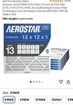 Aerostar 12X12X1 Merv 13 Furnace And Central Air Filter, 4 Pack Pleated. Fixed Price $29.95.