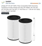Gokbny AP-T40 True Hepa Carbon Air Purifier Filter, Merv 13, 2-PACK. Fixed Price $15.00.