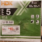Hdx Standard 10 Pleated Air Filter Fpr 5 (3-PACK) Dust & Pollen New. Fixed Price $11.21.