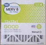 Great Value Pleated Merv 8 Air Filter Furnace Dust Pet Dander 12X12X1 Qty 4. Fixed Price $29.99.
